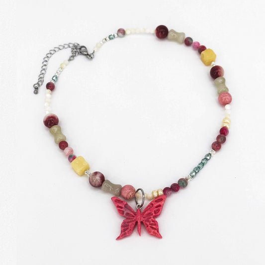 Red Butterfly Polymerclay Natural Stone Jade Beaded Necklace