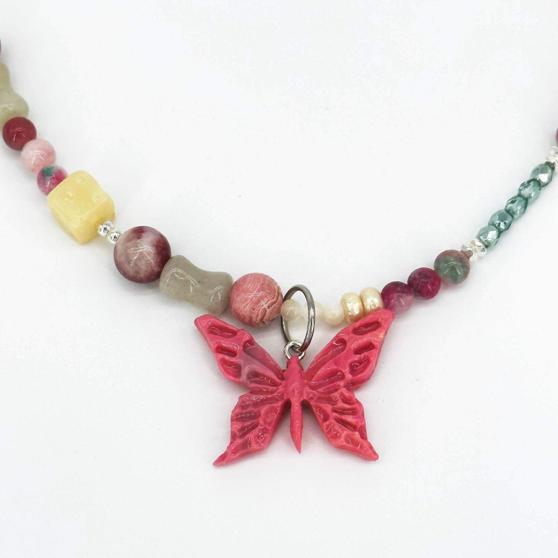 Detial of Red Butterfly Polymerclay Natural Stone Jade Beaded Necklace