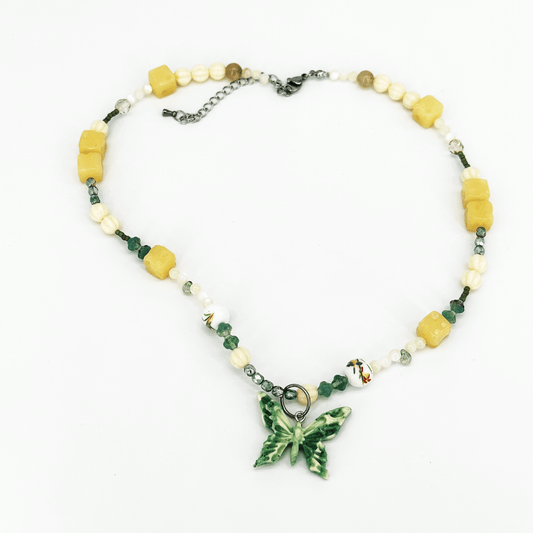 Green Butterfly Polymerclay Jade Beaded Necklace