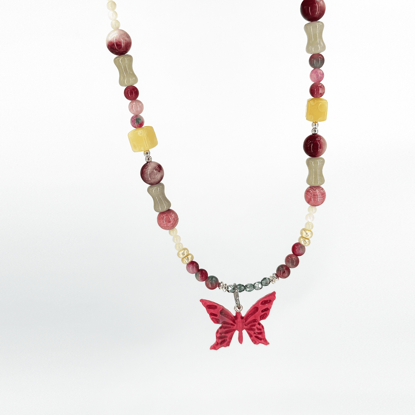 Red Butterfly Polymerclay Natural Stone Jade Beaded Necklace