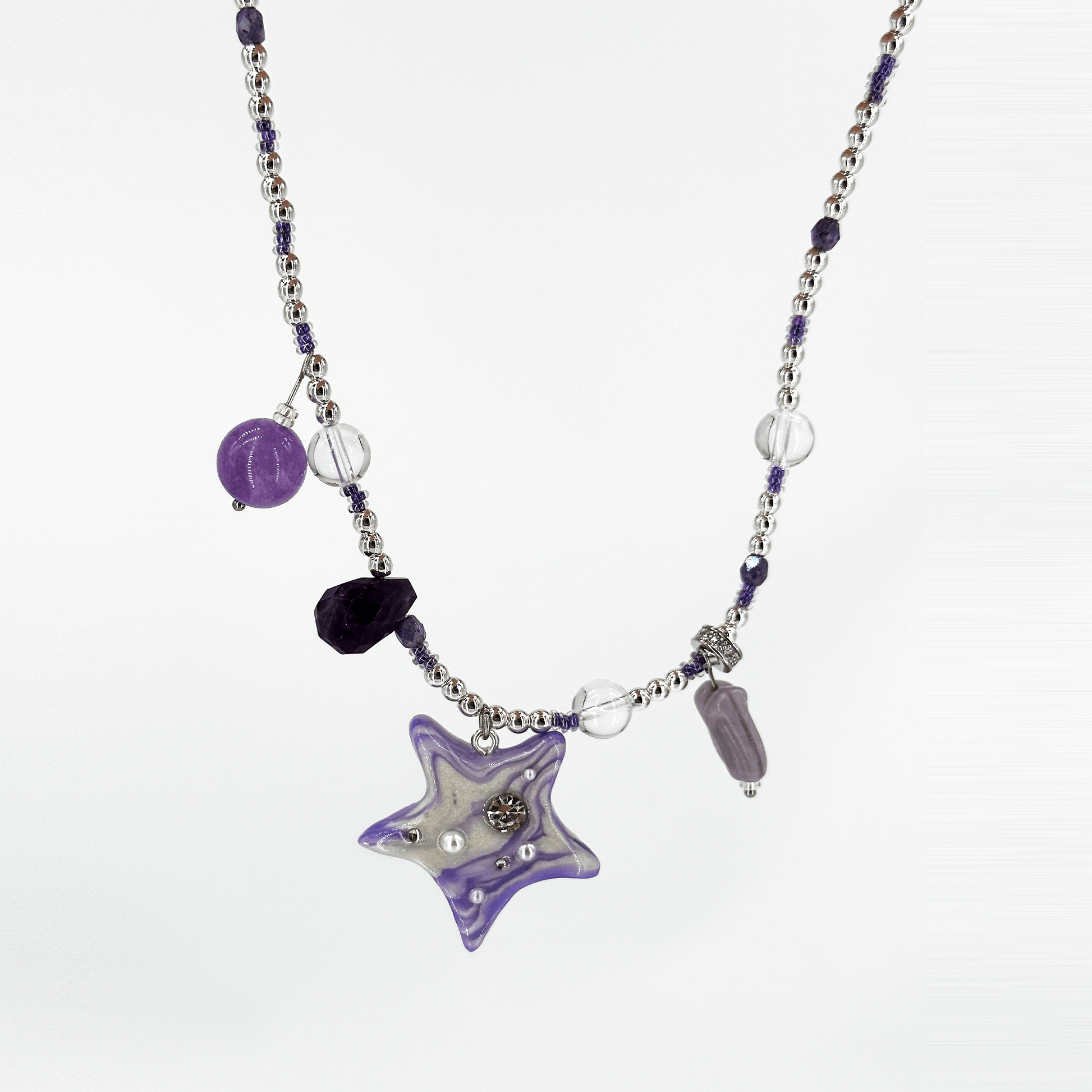 Purple Polymerclay Natural Stone Star Beaded Necklace