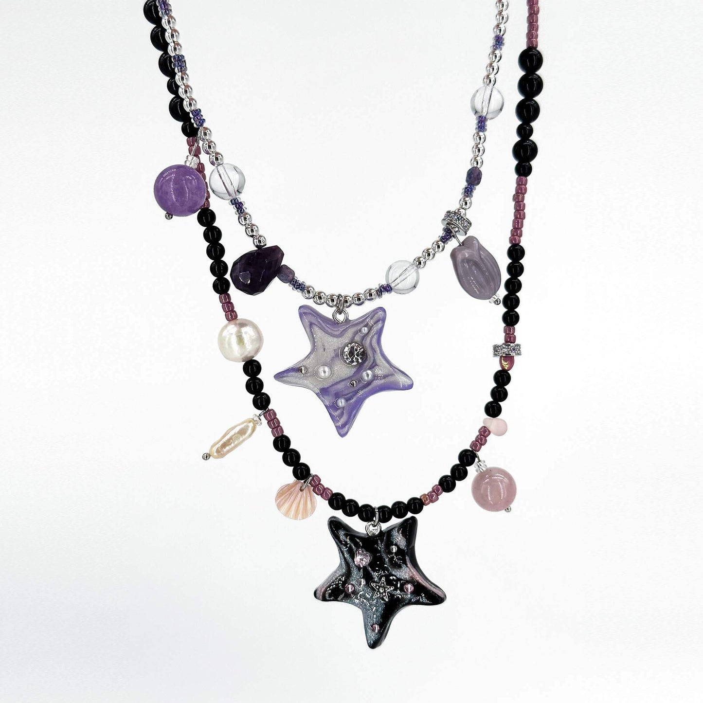 Set of Star Polymerclay Shell Pearl Beaded Necklace