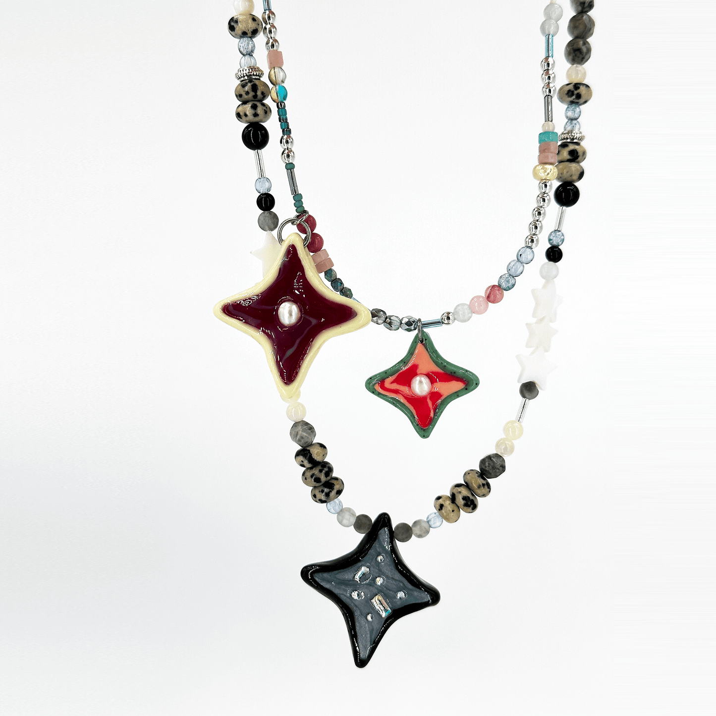 Set of Polymerclay Natural Stone Star Beaded Necklace