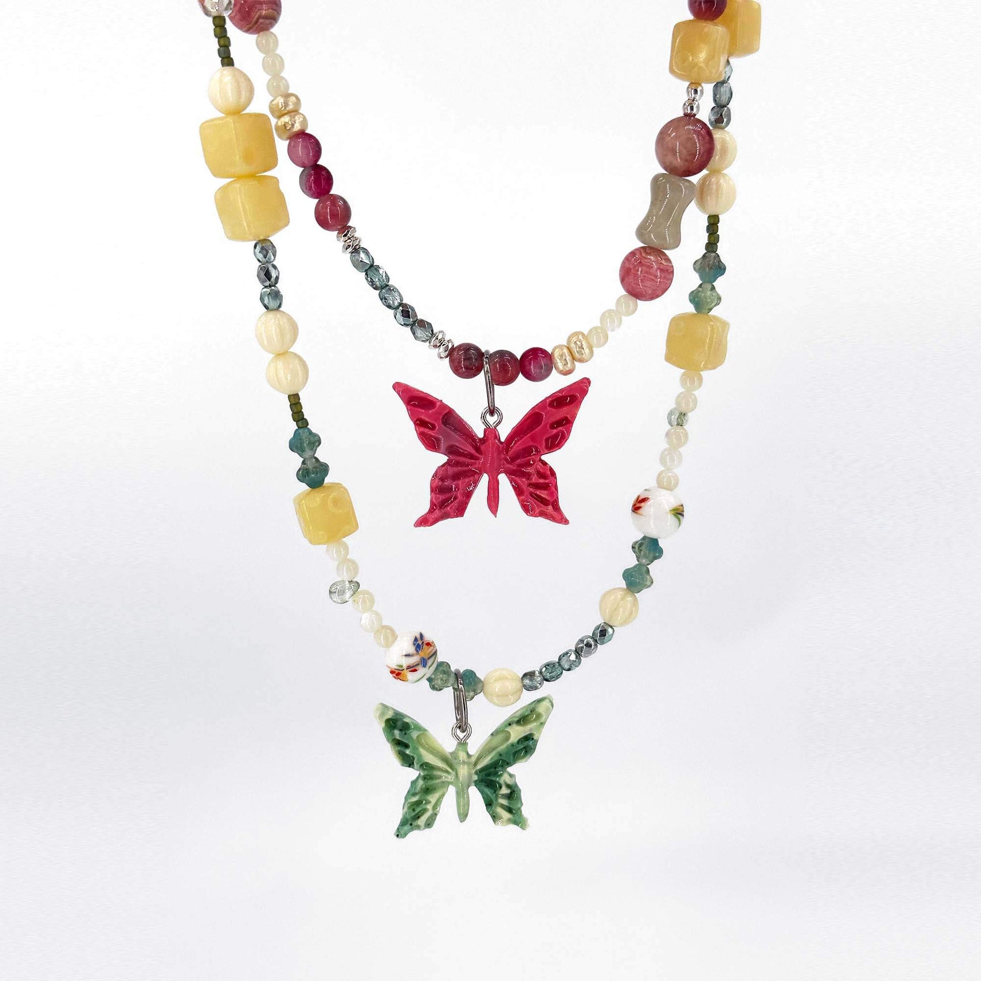 Set of Butterfly Polymerclay Jade Beaded Necklace