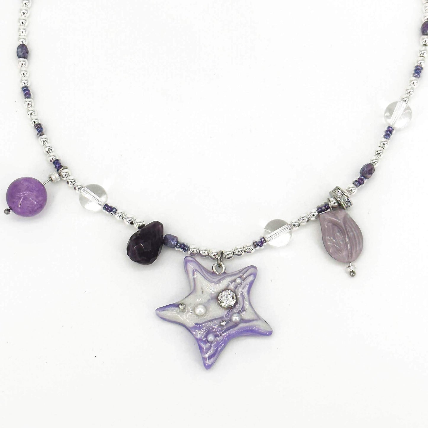 Detial of Purple Polymerclay Natural Stone Star Beaded Necklace