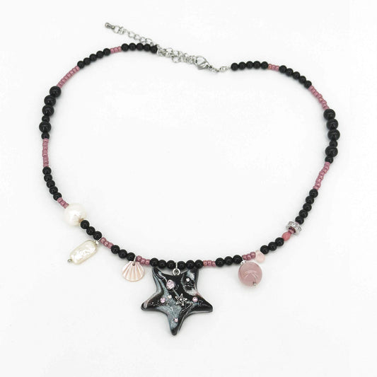 Black Star Polymerclay Shell Pearl Beaded Necklace